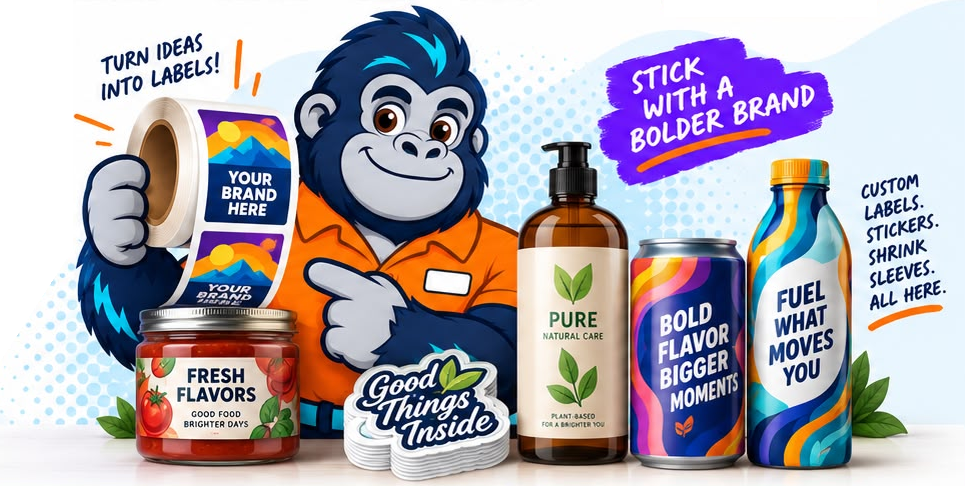 A friendly gorilla holding custom labels beside Fresh Flavors jars, Good Things Inside stickers, Pure Natural Care soap, a colorful can and a shrink-sleeved bottle. Turn ideas into labels! Stick with a bolder brand.