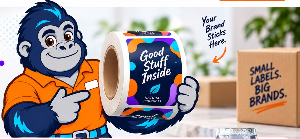 Gorilla holding Good Stuff Inside labels in a packaging studio. Small labels. Big brands.
