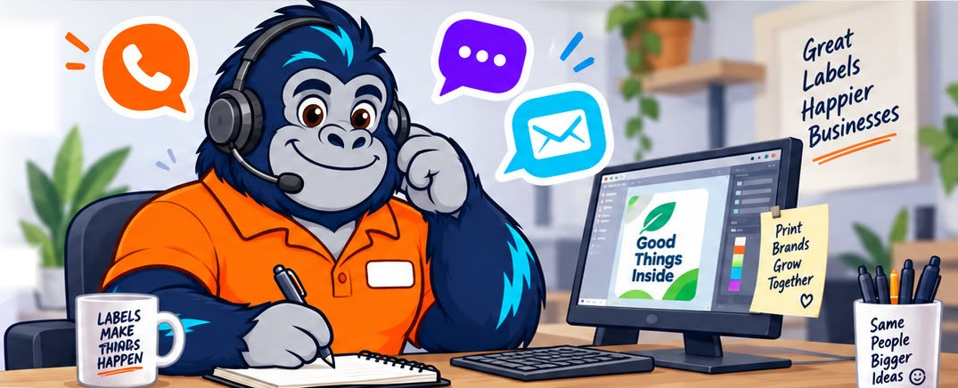 Friendly LabelGorilla support representative wearing a headset at a design desk. Great labels, happier businesses.