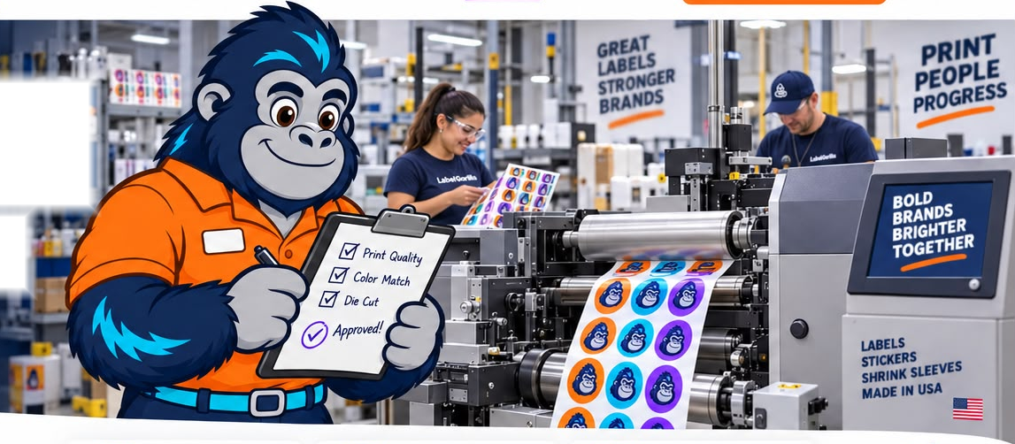 LabelGorilla quality-checking a print job with a team at a U.S. label printing facility.