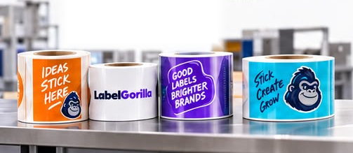 Bright branded label rolls: Ideas stick here, Good Labels Brighter Brands, Stick Create Grow